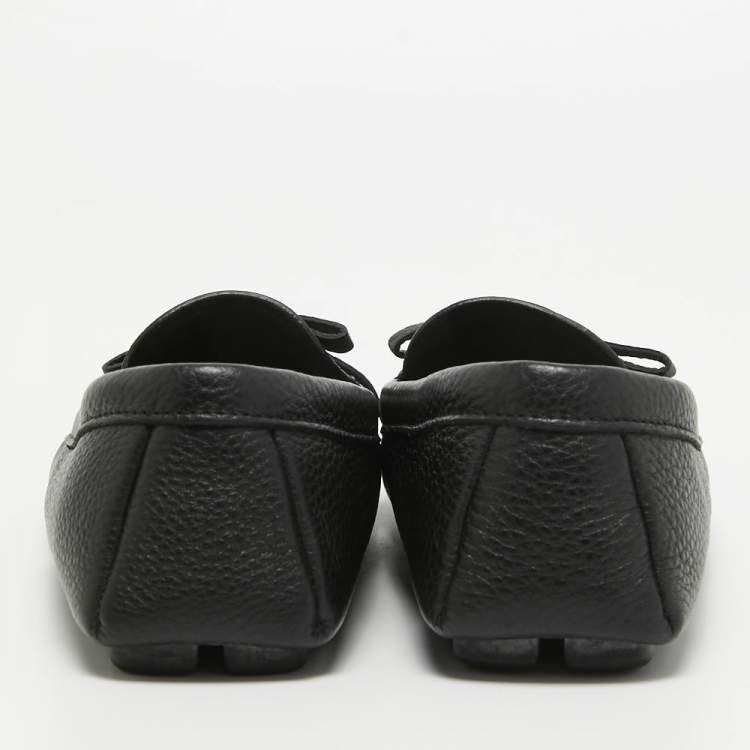 Pre Owned Prada Black Leather Logo Embellished Bow Slip On Loafers Size 38.5