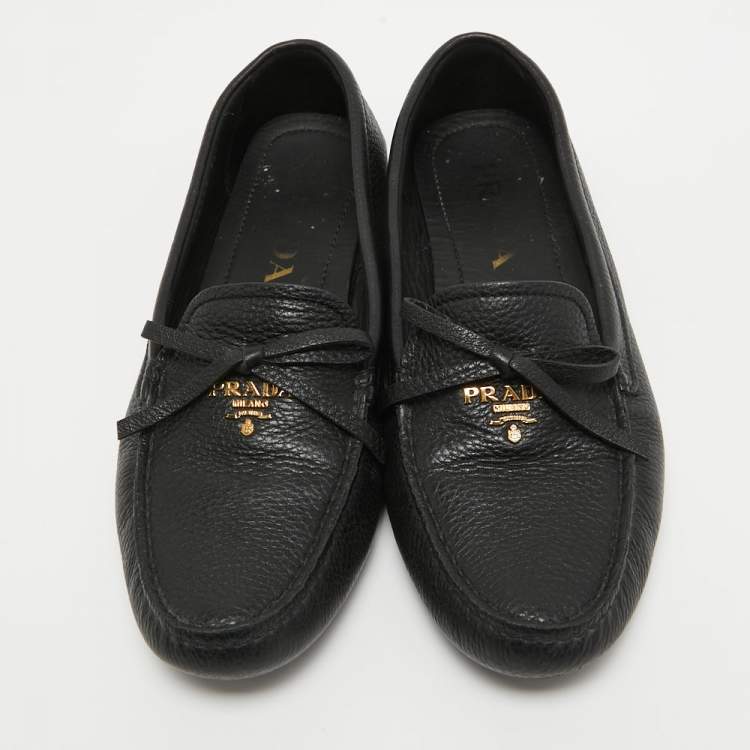 Pre Owned Prada Black Leather Logo Embellished Bow Slip On Loafers Size 38.5