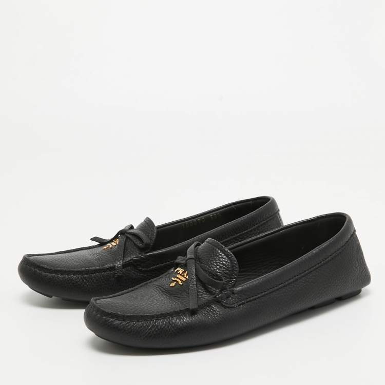 Pre Owned Prada Black Leather Logo Embellished Bow Slip On Loafers Size 38.5