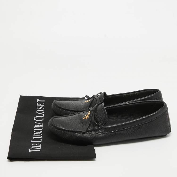 Pre Owned Prada Black Leather Logo Embellished Bow Slip On Loafers Size 38.5
