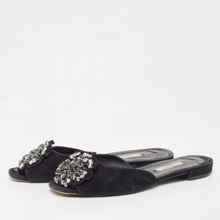Pre Owned Prada Black Suede Crystal Embellished Flat Slides Size 37