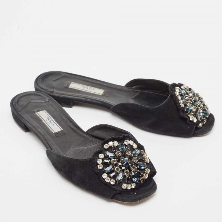 Pre Owned Prada Black Suede Crystal Embellished Flat Slides Size 37