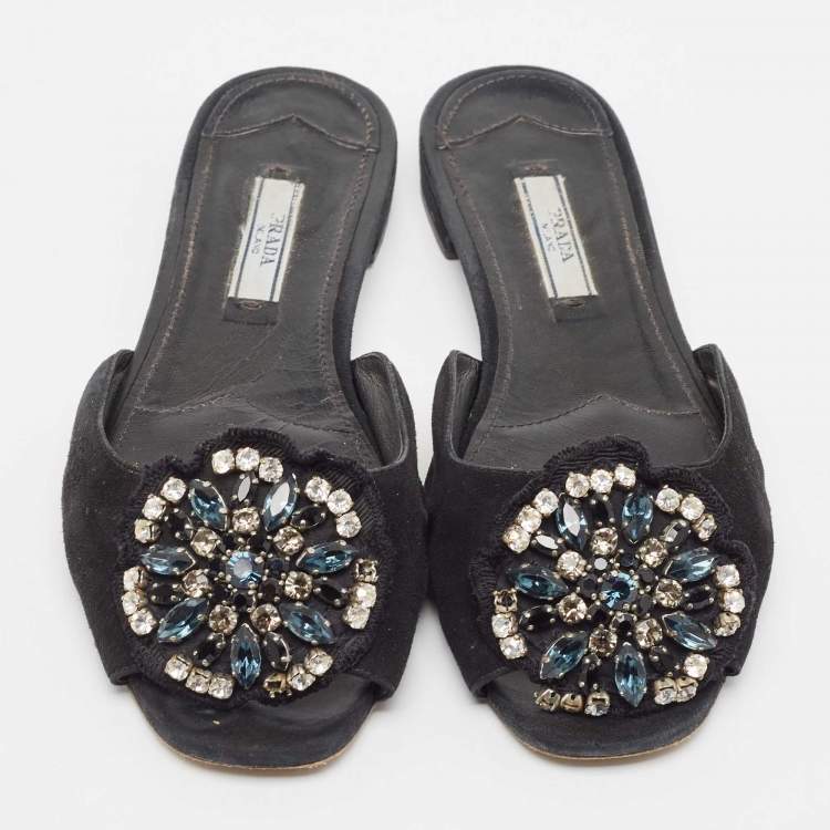Pre Owned Prada Black Suede Crystal Embellished Flat Slides Size 37