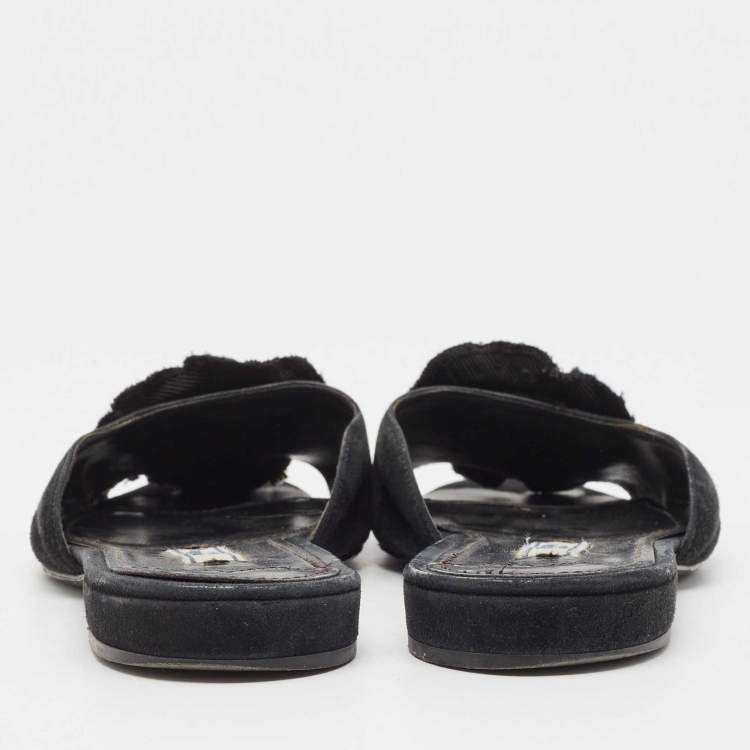 Pre Owned Prada Black Suede Crystal Embellished Flat Slides Size 37