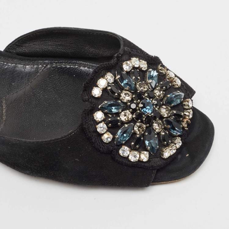 Pre Owned Prada Black Suede Crystal Embellished Flat Slides Size 37