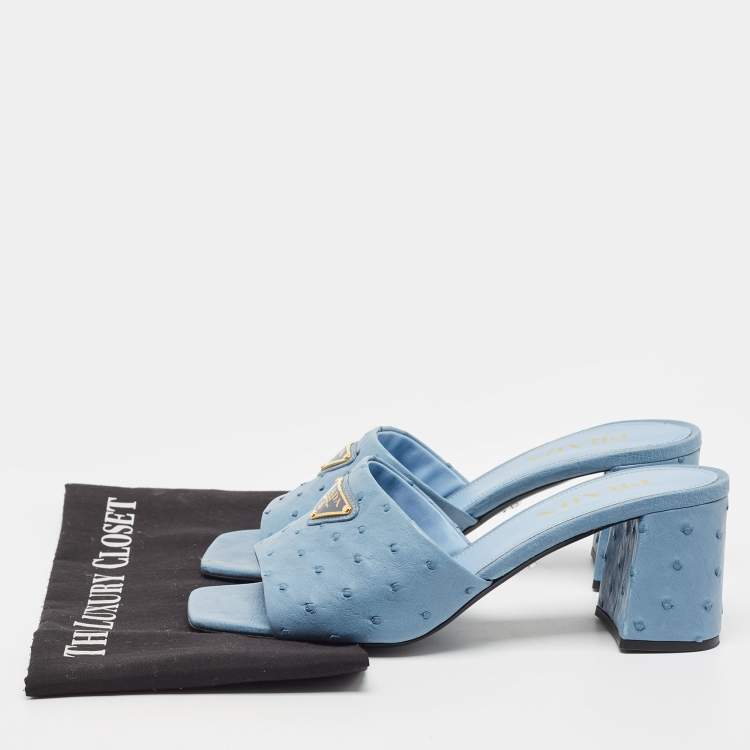 Pre Owned Prada Blue Ostrich Slide Sandals Size 40