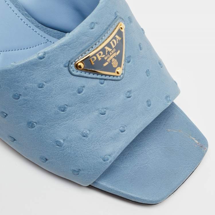 Pre Owned Prada Blue Ostrich Slide Sandals Size 40