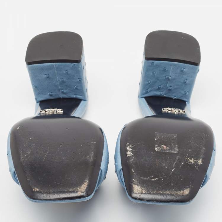 Pre Owned Prada Blue Ostrich Slide Sandals Size 40
