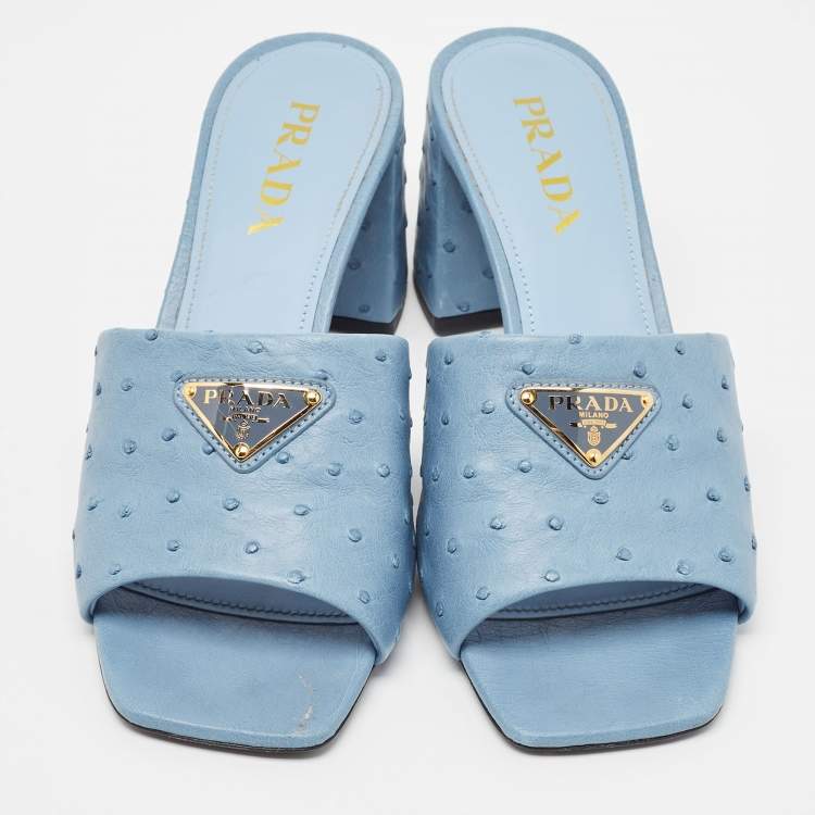 Pre Owned Prada Blue Ostrich Slide Sandals Size 40