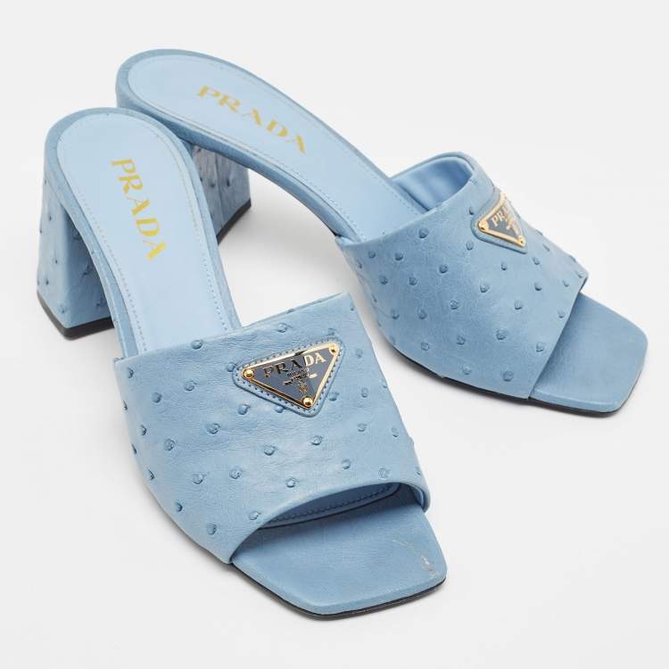 Pre Owned Prada Blue Ostrich Slide Sandals Size 40