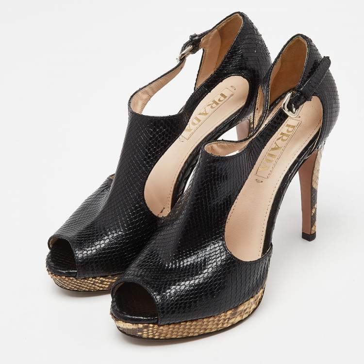 Pre Owned Prada Black Python Leather Peep Toe Platform Ankle Strap Pumps Size 37.5