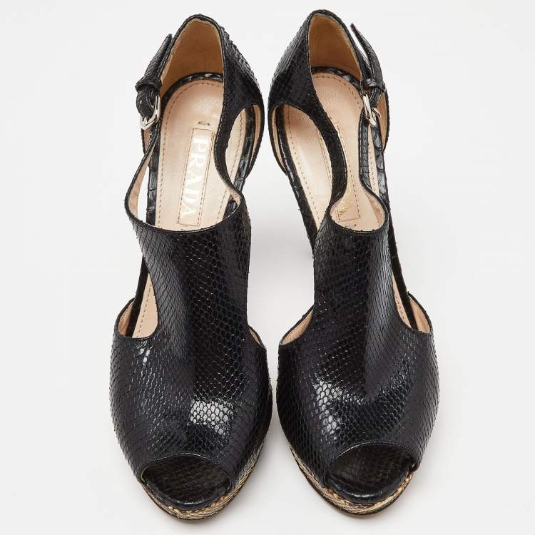 Pre Owned Prada Black Python Leather Peep Toe Platform Ankle Strap Pumps Size 37.5