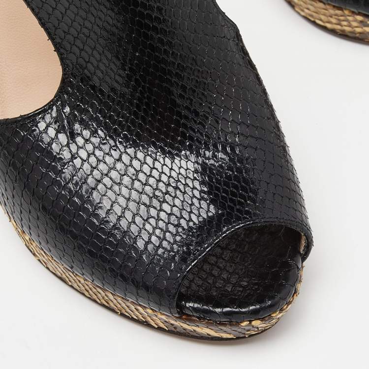 Pre Owned Prada Black Python Leather Peep Toe Platform Ankle Strap Pumps Size 37.5