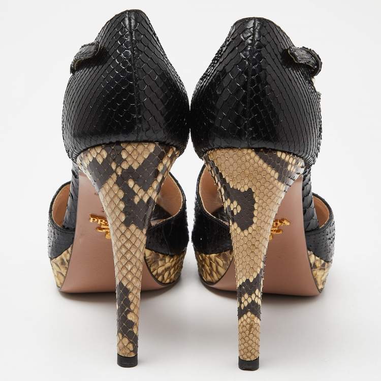 Pre Owned Prada Black Python Leather Peep Toe Platform Ankle Strap Pumps Size 37.5
