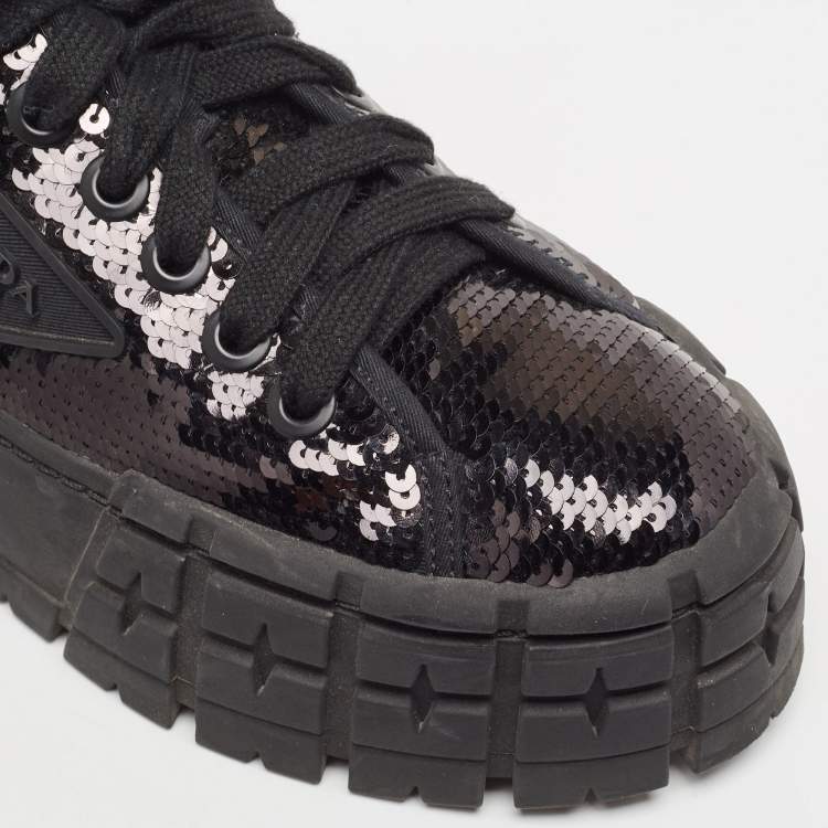 Pre Owned Prada Black Sequin Double Wheel Platform Sneakers Size 37.5