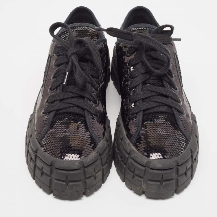 Pre Owned Prada Black Sequin Double Wheel Platform Sneakers Size 37.5
