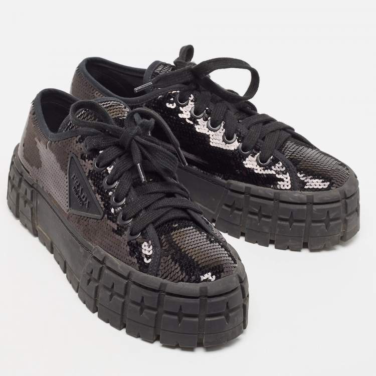 Pre Owned Prada Black Sequin Double Wheel Platform Sneakers Size 37.5