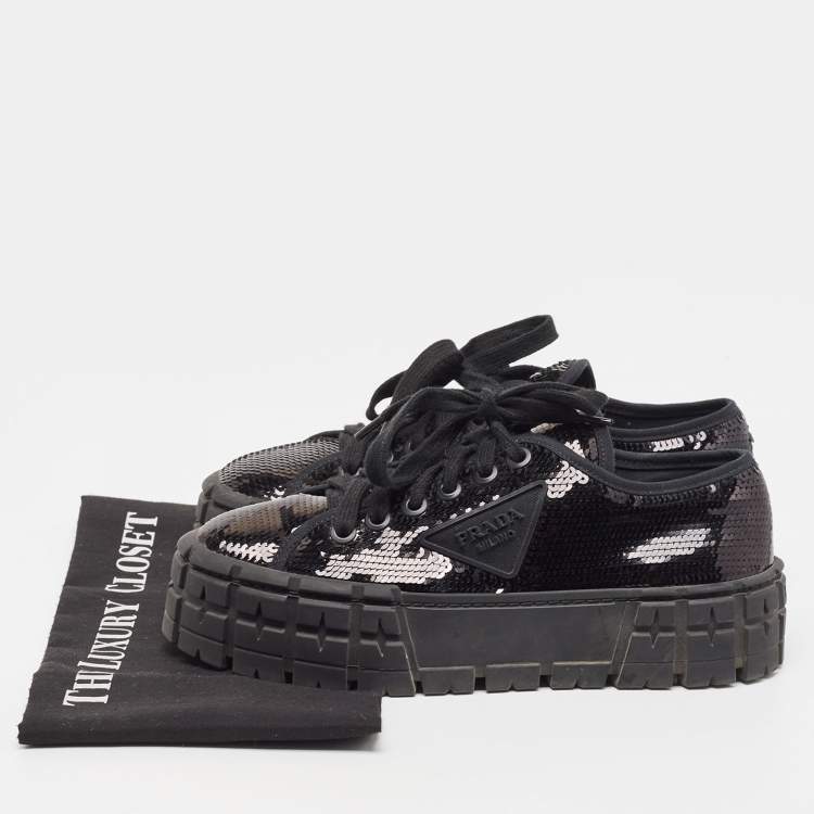 Pre Owned Prada Black Sequin Double Wheel Platform Sneakers Size 37.5