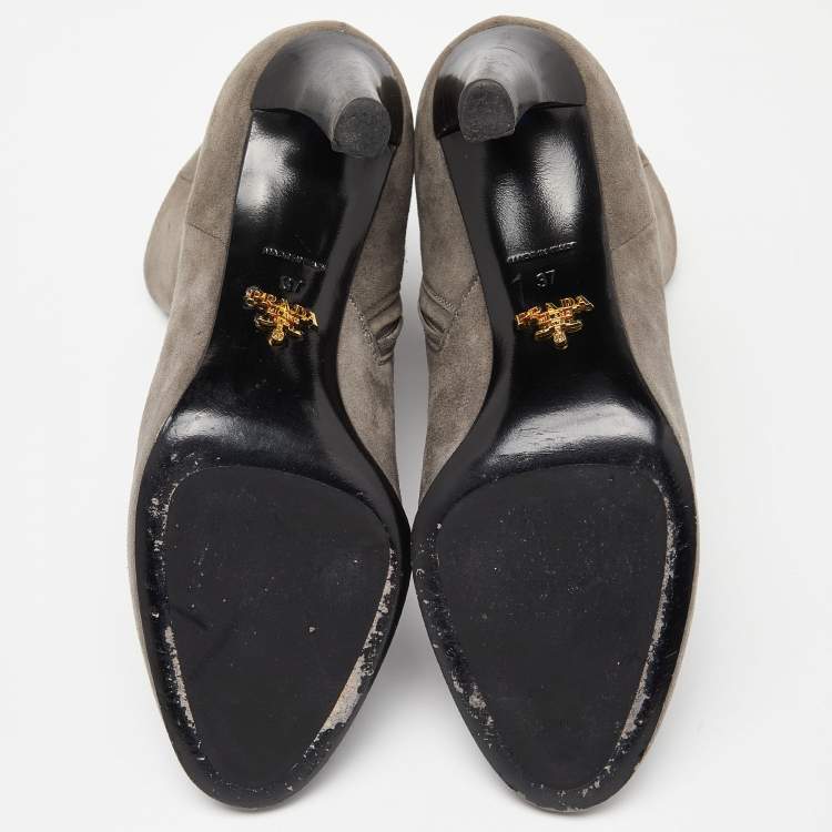 Pre Owned Prada Grey Suede Round Toe Ankle Booties Size 37