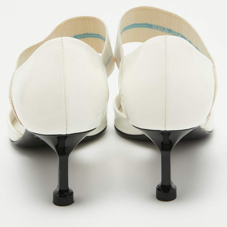 Pre Owned Prada White Patent Leather And Elastic Mary Jane D'orsay Pumps Size 36.5