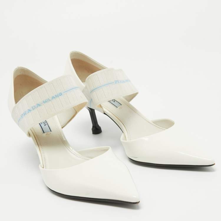 Pre Owned Prada White Patent Leather And Elastic Mary Jane D'orsay Pumps Size 36.5