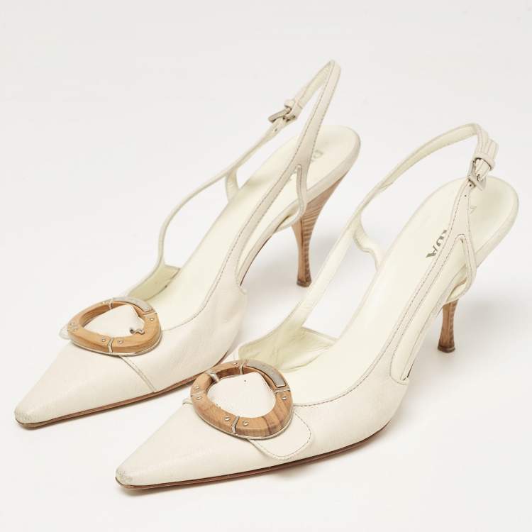 Pre Owned Prada White Leather Pointed Toe Slingback Pumps Size 40