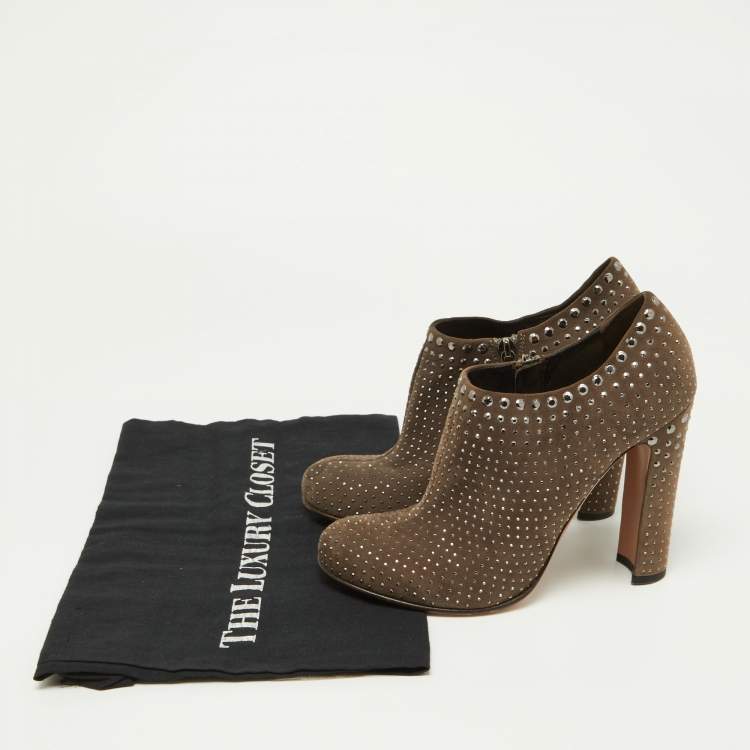 Pre Owned Prada Brown Studded Suede Ankle Booties Size 38
