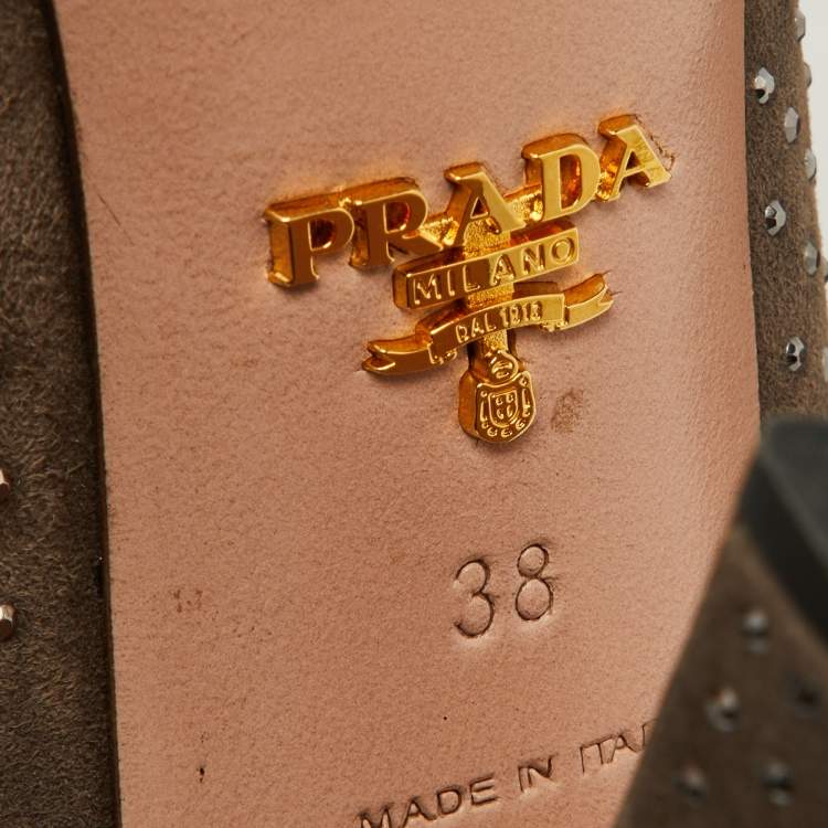 Pre Owned Prada Brown Studded Suede Ankle Booties Size 38