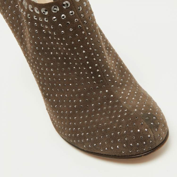 Pre Owned Prada Brown Studded Suede Ankle Booties Size 38