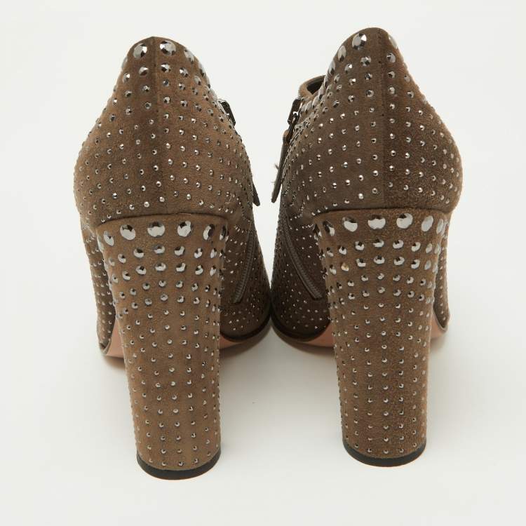 Pre Owned Prada Brown Studded Suede Ankle Booties Size 38