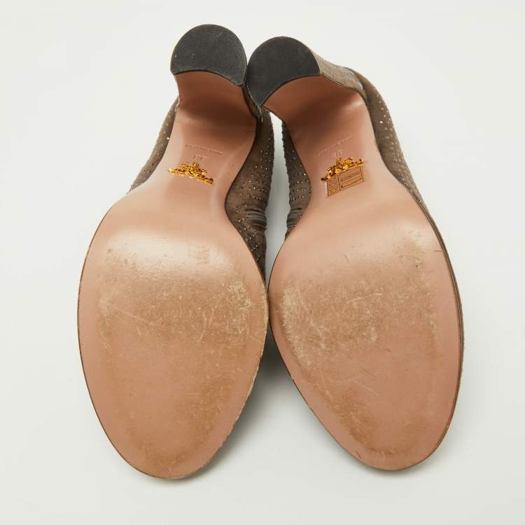 Pre Owned Prada Brown Studded Suede Ankle Booties Size 38