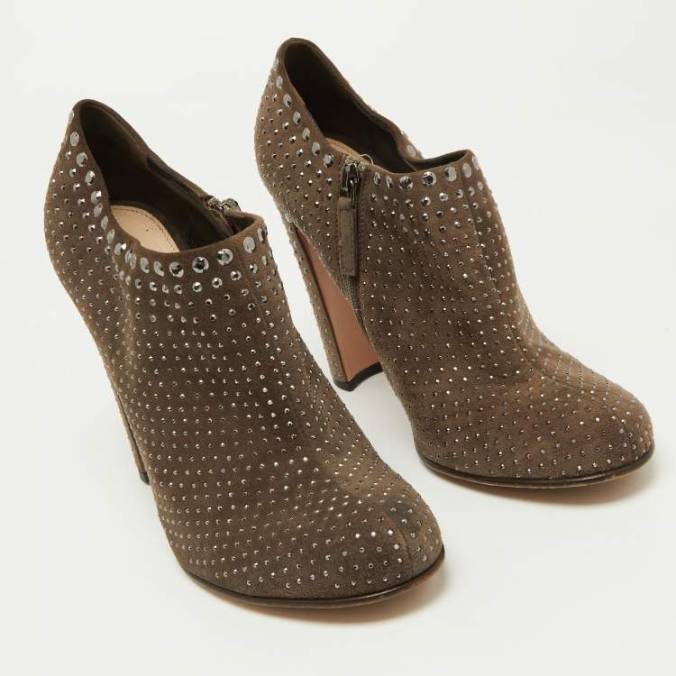 Pre Owned Prada Brown Studded Suede Ankle Booties Size 38