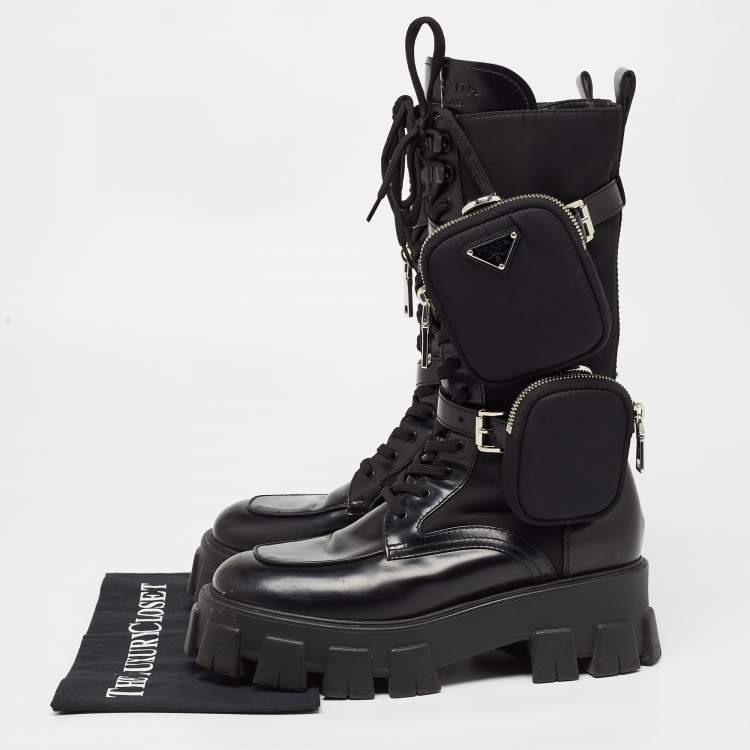 Pre Owned Prada Black Leather and Fabric Monolith Mid Calf Boots Size 40