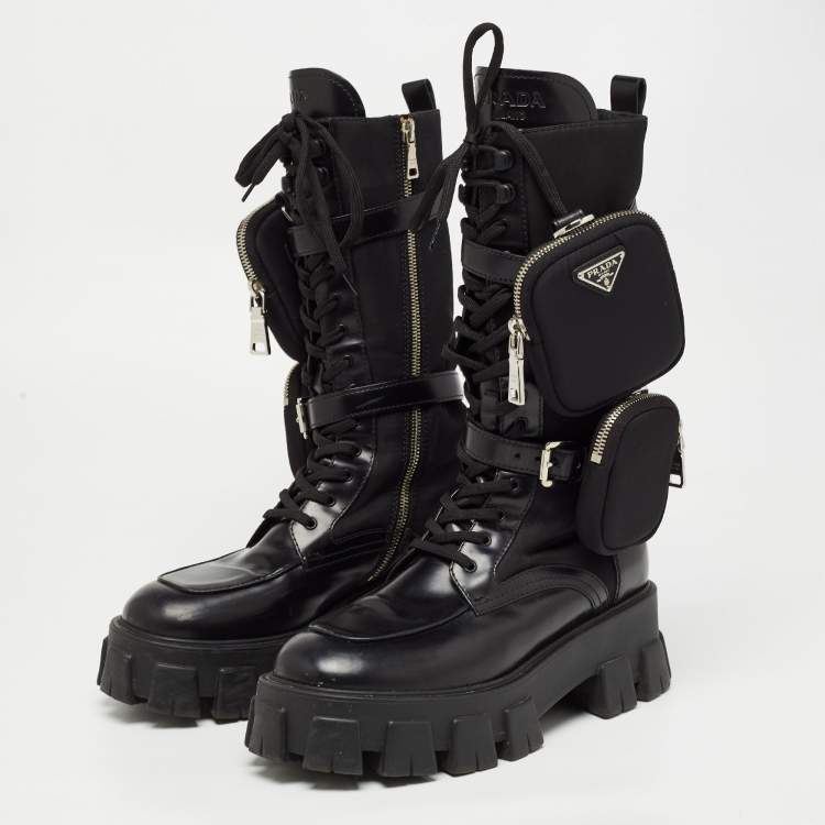 Pre Owned Prada Black Leather and Fabric Monolith Mid Calf Boots Size 40