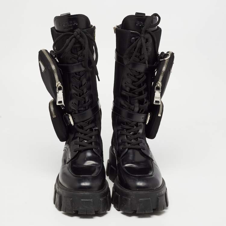 Pre Owned Prada Black Leather and Fabric Monolith Mid Calf Boots Size 40