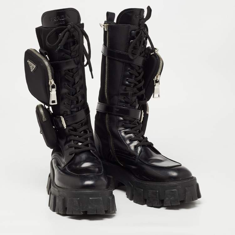Pre Owned Prada Black Leather and Fabric Monolith Mid Calf Boots Size 40