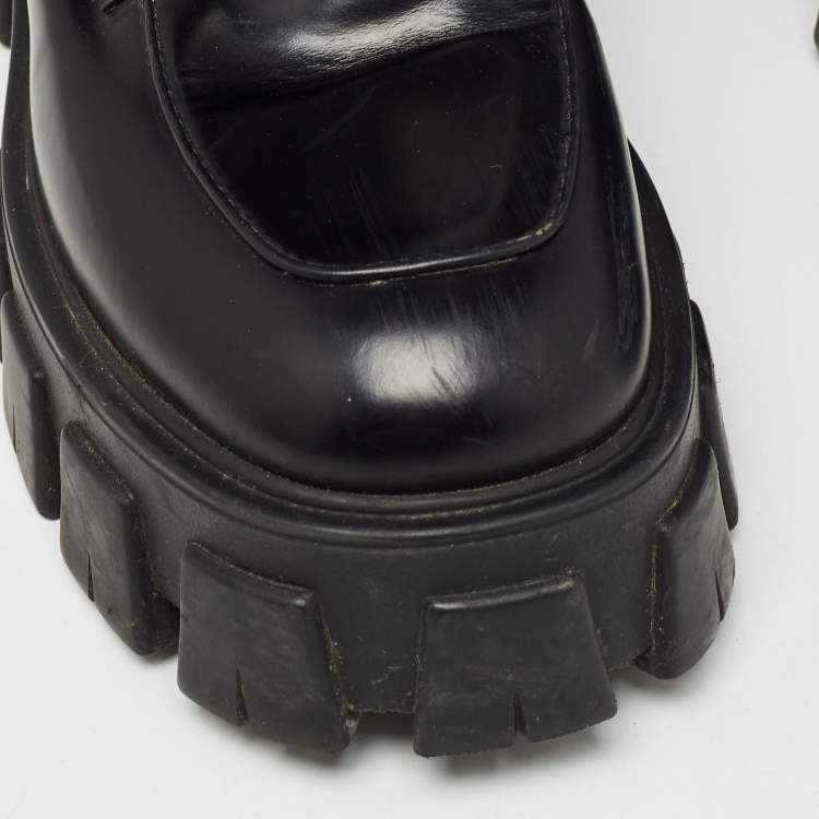 Pre Owned Prada Black Leather and Fabric Monolith Mid Calf Boots Size 40