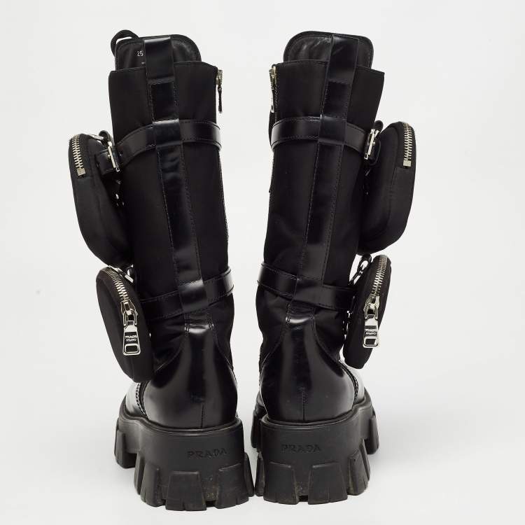 Pre Owned Prada Black Leather and Fabric Monolith Mid Calf Boots Size 40