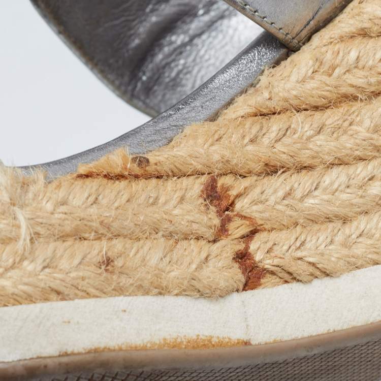 Pre Owned Prada Silver Leather Crystal Embellished Wedge Size 38.5