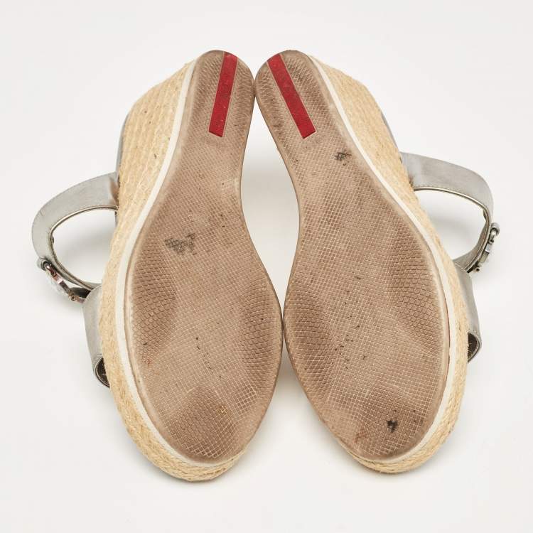 Pre Owned Prada Silver Leather Crystal Embellished Wedge Size 38.5