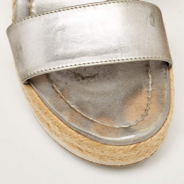 Pre Owned Prada Silver Leather Crystal Embellished Wedge Size 38.5