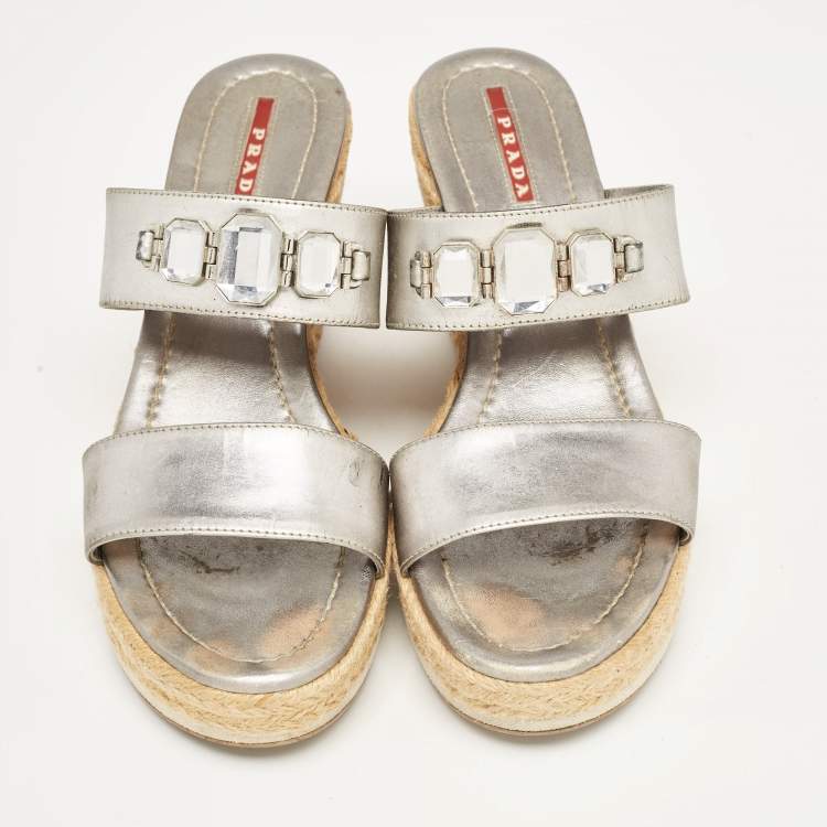 Pre Owned Prada Silver Leather Crystal Embellished Wedge Size 38.5