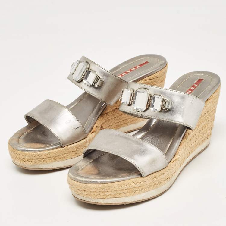Pre Owned Prada Silver Leather Crystal Embellished Wedge Size 38.5