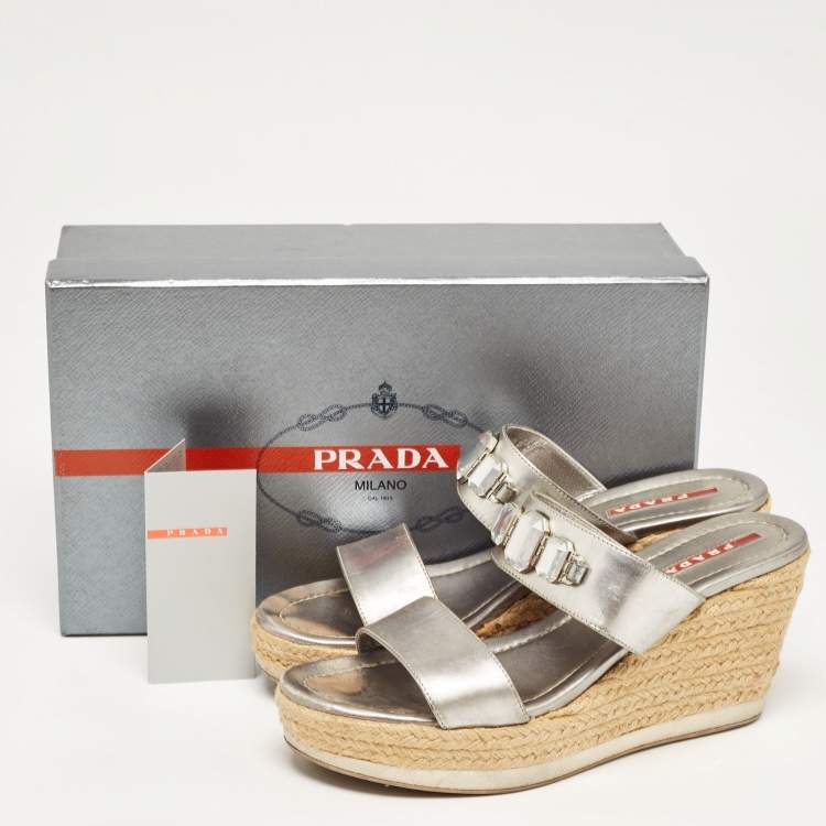 Pre Owned Prada Silver Leather Crystal Embellished Wedge Size 38.5