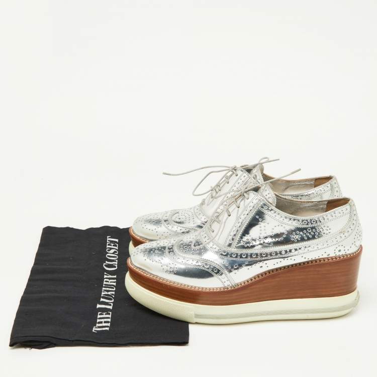 Pre Owned Miu Miu Metallic Silver Brogue Leather Platform Lace Up Oxfords Size 40