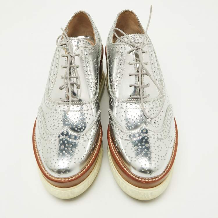 Pre Owned Miu Miu Metallic Silver Brogue Leather Platform Lace Up Oxfords Size 40