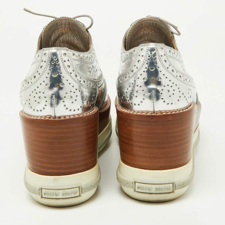 Pre Owned Miu Miu Metallic Silver Brogue Leather Platform Lace Up Oxfords Size 40