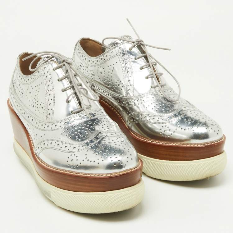 Pre Owned Miu Miu Metallic Silver Brogue Leather Platform Lace Up Oxfords Size 40