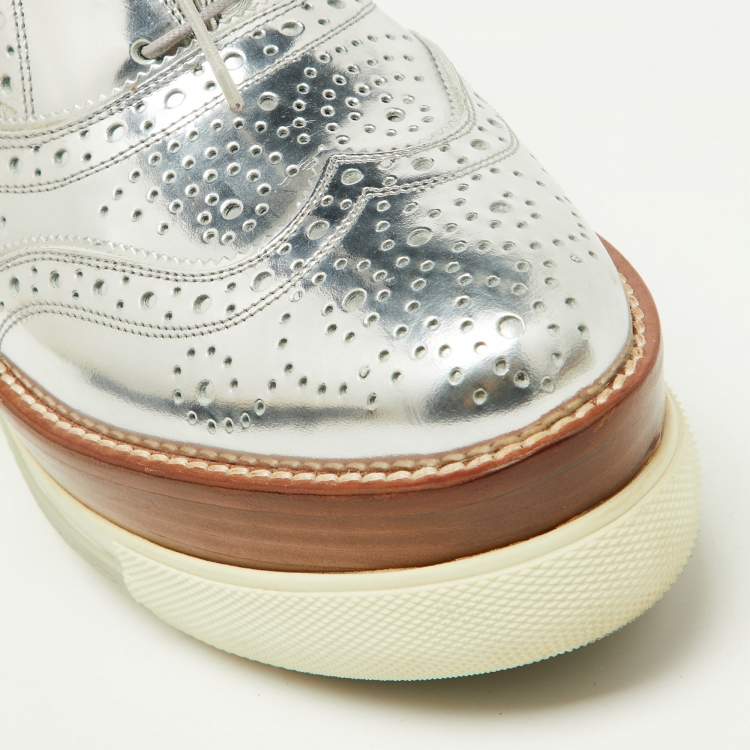 Pre Owned Miu Miu Metallic Silver Brogue Leather Platform Lace Up Oxfords Size 40