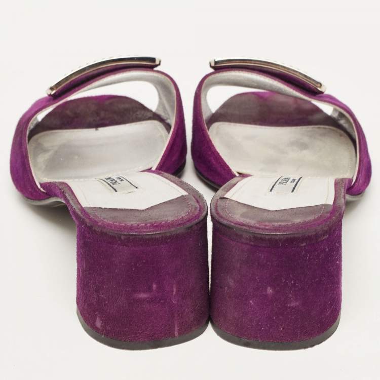 Pre Owned Prada Purple Suede Crystal Embellished Slide Sandals Size 39